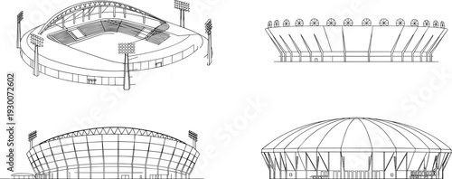 World class stadium architecture set, modern sports arena exterior line art vector illustration isolated on white