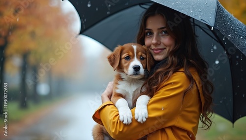 Young woman holds small puppy under black umbrella in autumn park. Gentle rain falls on woman and cute dog. They stay together protected from wet weather.