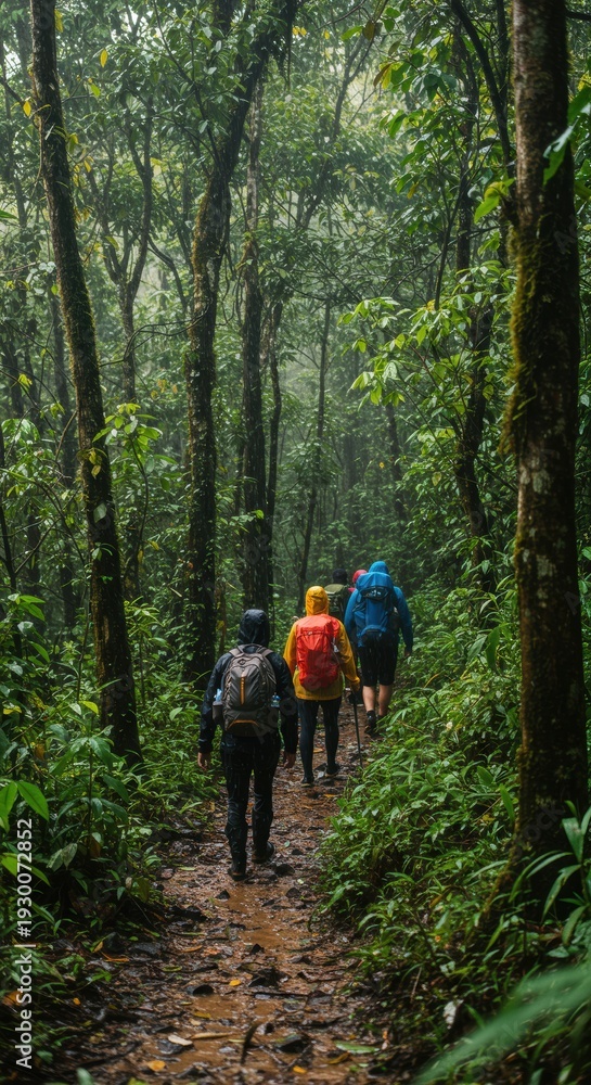 Obraz premium Hiking Through a Lush Rainforest in the Rain