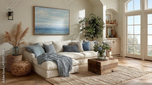Bright coastal living room with soft neutral tones, Benjamin Moore Baby Fawn walls, blue accents, linen furniture, woven textures, and brass lighting in warm natural daylight interior design