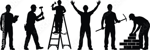 Construction Worker Silhouettes Set with Ladder, Hammer, Bricklaying and Tools Isolated on White Background Vector Illustration for Building and Engineering Industry