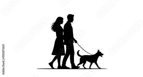 Couple Walking Dog Silhouette Illustration.