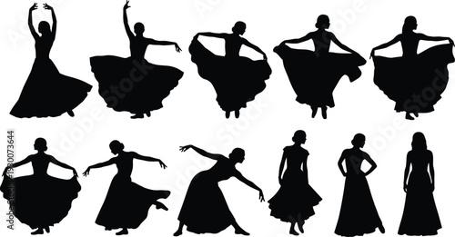 Flamenco Dancer Silhouettes Set with Flowing Spanish Dress and Expressive Dance Poses Isolated on White Background Vector Illustration Collection
