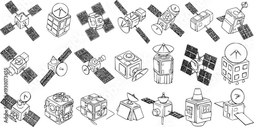 Set of Hand-Drawn Outline Satellites. Space Communication Technology Vector Illustrations in Black and White Line Art Style.