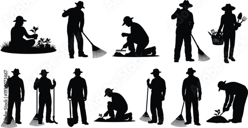 Gardener and Farmer Silhouettes Collection with Rake, Shovel, Plants and Gardening Tools Isolated on White Background Vector Illustration Set for Landscaping Work