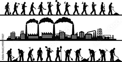Industrial Workers Silhouettes Panorama with Factory Skyline, Construction Laborers Using Tools and Smokestacks Isolated on White Background Vector Illustration Composition