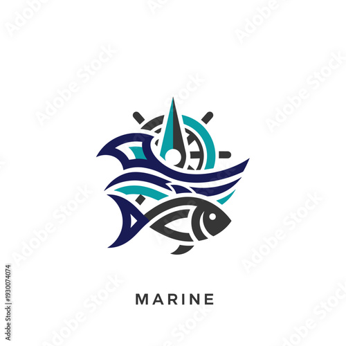 Modern nautical logo design with a ship's wheel, compass, waves, and fish