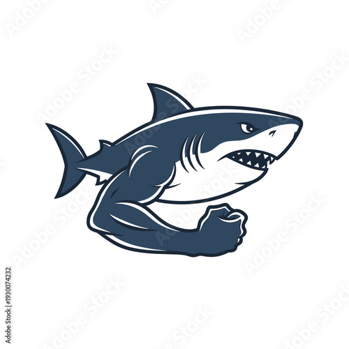 Muscular cartoon shark mascot flexing bicep on white background