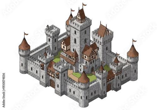 Aerial view of a medieval castle with towers and battlements, surrounded by lush greenery