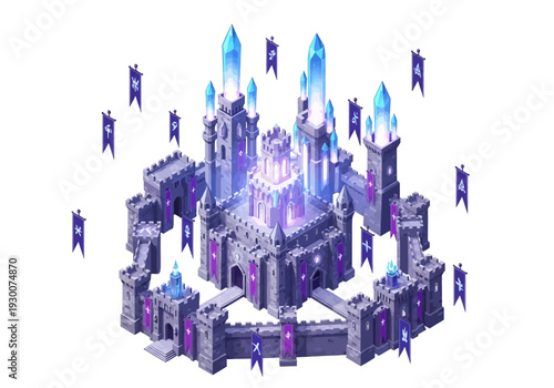 A futuristic castle with snow-covered towers and blue flames, surrounded by mystical creatures in a winter landscape.