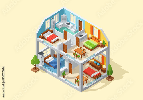 Isometric illustration of a house with multiple rooms and furniture viewed from above