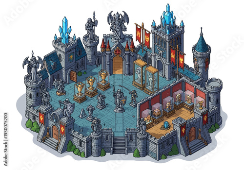 Isometric Fantasy Castle Scene with Towers and Characters