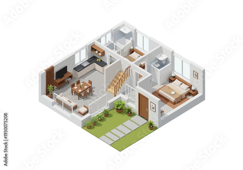 Isometric View of Modern House Interior with Furniture and Greenery