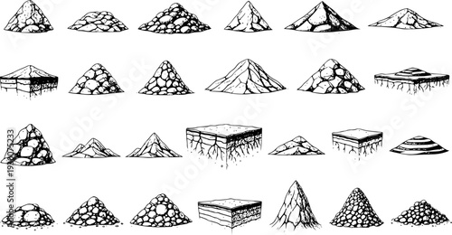 Detailed Hand-Drawn Black and White Set of Stylized Terrain Elements, Hills, Mountains, Ground Textures, and Floating Earth Blocks with Roots, perfect for Game Assets or Map Design