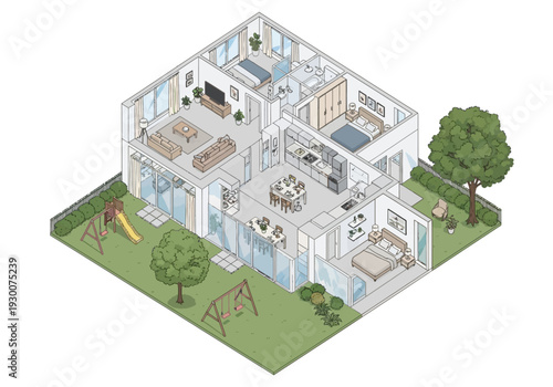 Isometric illustration of a modern house with a garden and playground viewed from above