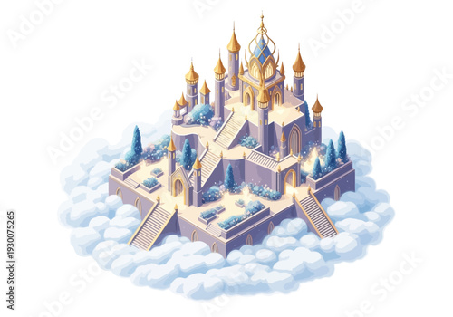 Mystical castle illustration with towers and clouds in isometric view