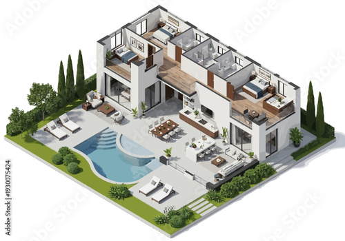 Aerial view of a luxurious villa with a swimming pool and outdoor furniture