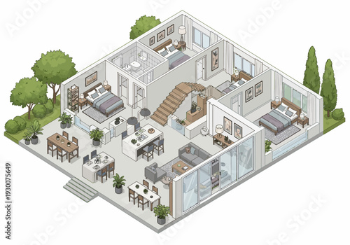 Isometric View of Modern Office Building Interior with Outdoor Greenery