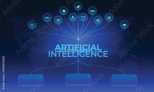 Futuristic glassmorphism  infographic of fourteen buttons with icons representing Artificial Intelligence and Technology. Buttons, blue gradient with subtle neon. Futuristic Tech. World AI concept. UI