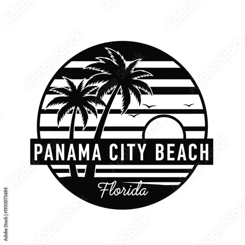 Vector illustration black and white panama city beach florida emblem with palm trees and sunset