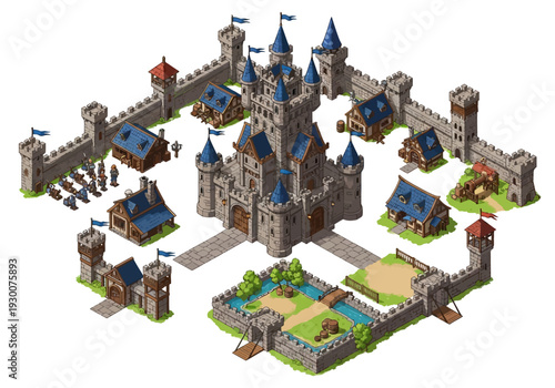 Medieval castle complex with towers, battlements, and surrounding buildings in a strategic landscape