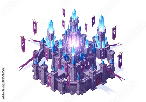 A futuristic castle with glowing blue spires and purple flags on a dark background