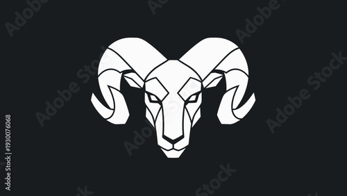 Geometric Ram Head Symbol White Outline Black Background.