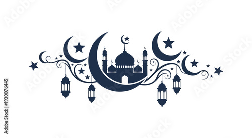 A dark blue islamic design featuring a crescent moon mosque stars and lanterns silhouette high quality professional