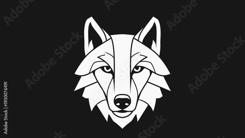 Geometric Wolf Head Emblem White Outline Black Background.