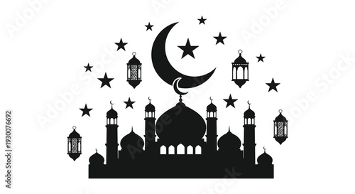 A striking black silhouette depicts a mosque crescent moon stars and lanterns evoking islamic aesthetics silhouette high quality