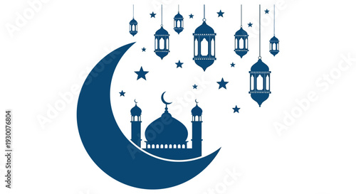 A dark blue crescent moon and mosque outline with hanging lanterns and stars a beautiful silhouette high quality