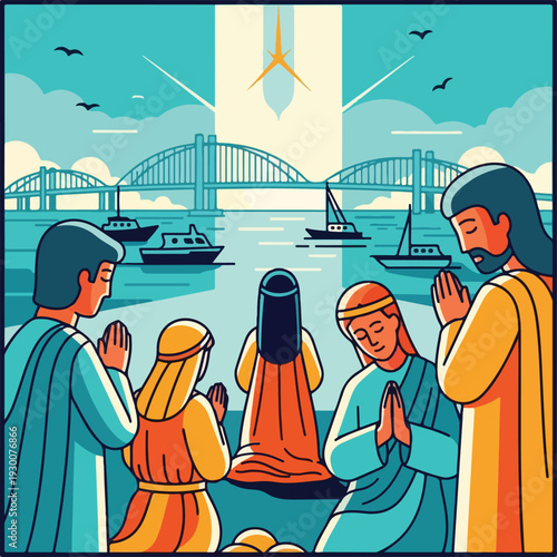 Group of people praying near water, bridge, and boats under a bright sky
