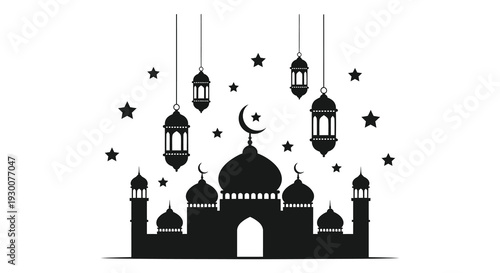 An elegant black silhouette depicts a mosque crescent moon stars and lanterns for ramadan festivities silhouette high quality