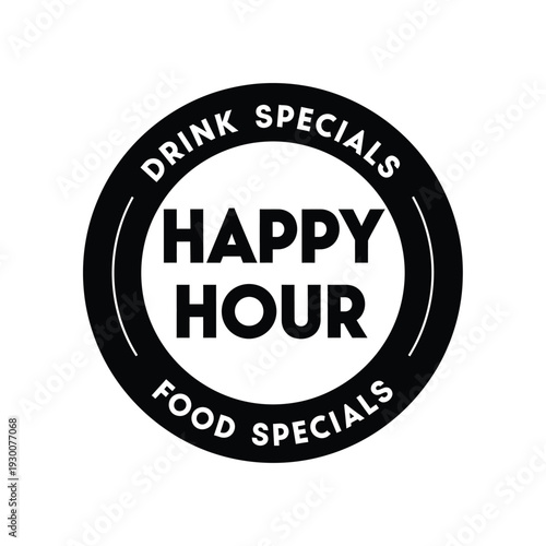 Vector illustration black and white happy hour logo with drink and food specials
