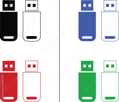 USB flash drive icon isolated on white background, vector illustration of portable data storage and thumb drive in colorful solid and outline styles