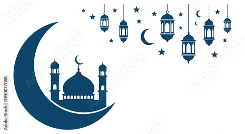 A dark blue crescent moon and mosque silhouettes hang with lanterns and stars a striking silhouette high quality