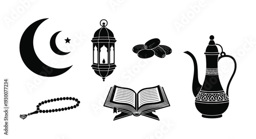 A collection of islamic symbols including a crescent moon lantern dates and teapot silhouette high quality professional detailed
