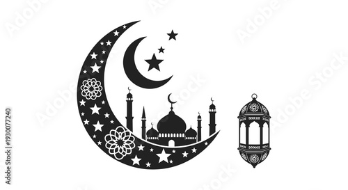 An elegant islamic design featuring a crescent moon stars mosque and lantern silhouette high quality professional detailed modern
