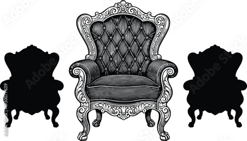 Vintage Baroque Royal Armchair with Ornate Carved Details and Classic Silhouette Isolated on White Background Vector Illustration Design