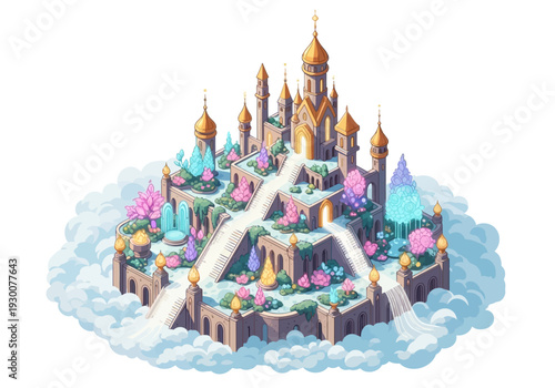 Fantasy castle with towers and gardens floating among clouds in isometric view