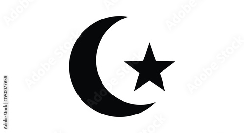 A striking black graphic depicts a crescent moon and a star embodying islamic symbolism as a silhouette