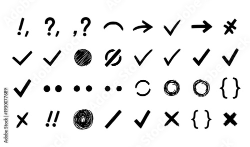 A set of hand-drawn checkmarks and punctuation marks in black