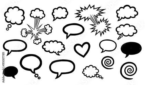 A set of black and white comic book style speech bubbles and thought clouds