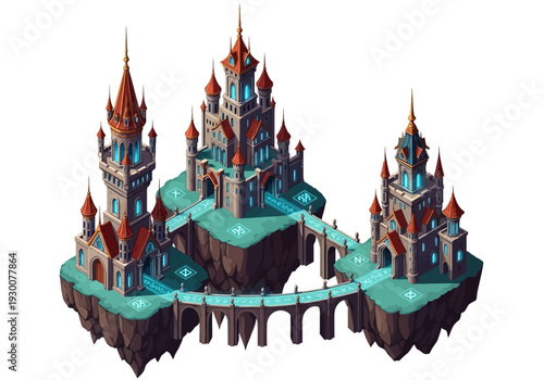 Fantastical castle illustration on floating islands with turquoise bridges and vibrant architecture