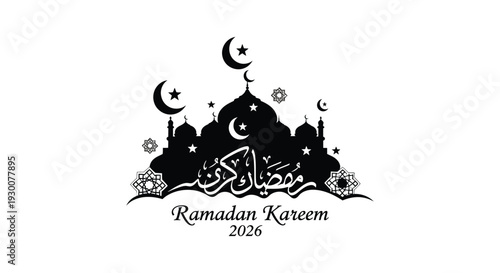 A striking black silhouette depicts a mosque crescent moons and stars for ramadan kareem 2026 silhouette high quality