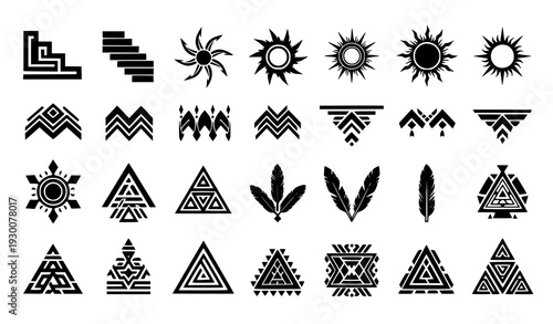 A collection of tribal geometric symbols and icons in black and white