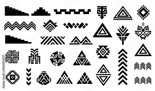 A collection of black and white tribal geometric patterns and symbols
