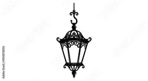 An ornate vintage style hanging lantern depicted in a stark black outline against a white background silhouette