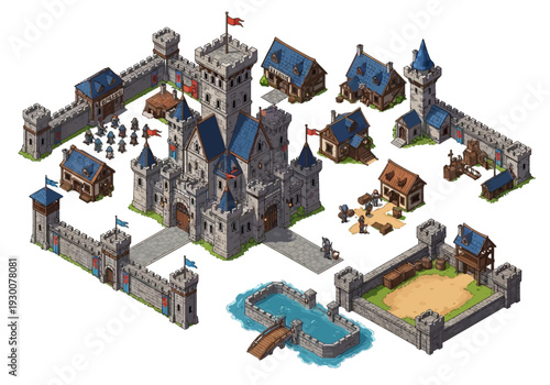 Aerial view of medieval castle complex with surrounding buildings and moat