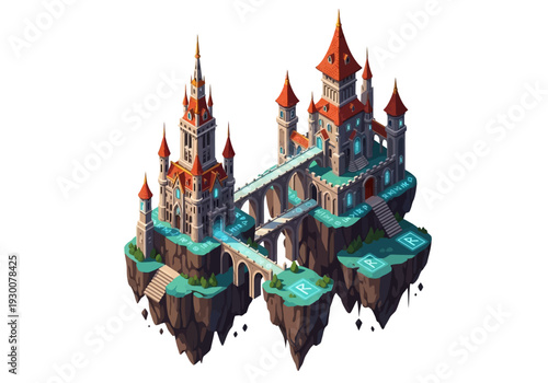 A fantastical castle with towers and bridges on a floating island viewed from below